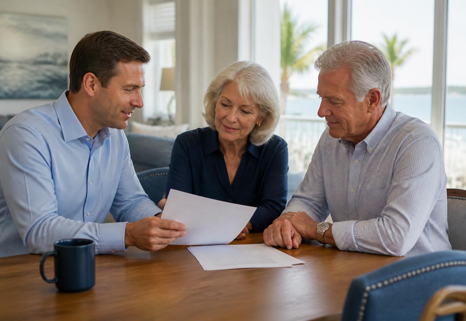 Diego Rabarozzi reviewing Medicare and annuity options with a retired couple at their home in Brevard County, Florida